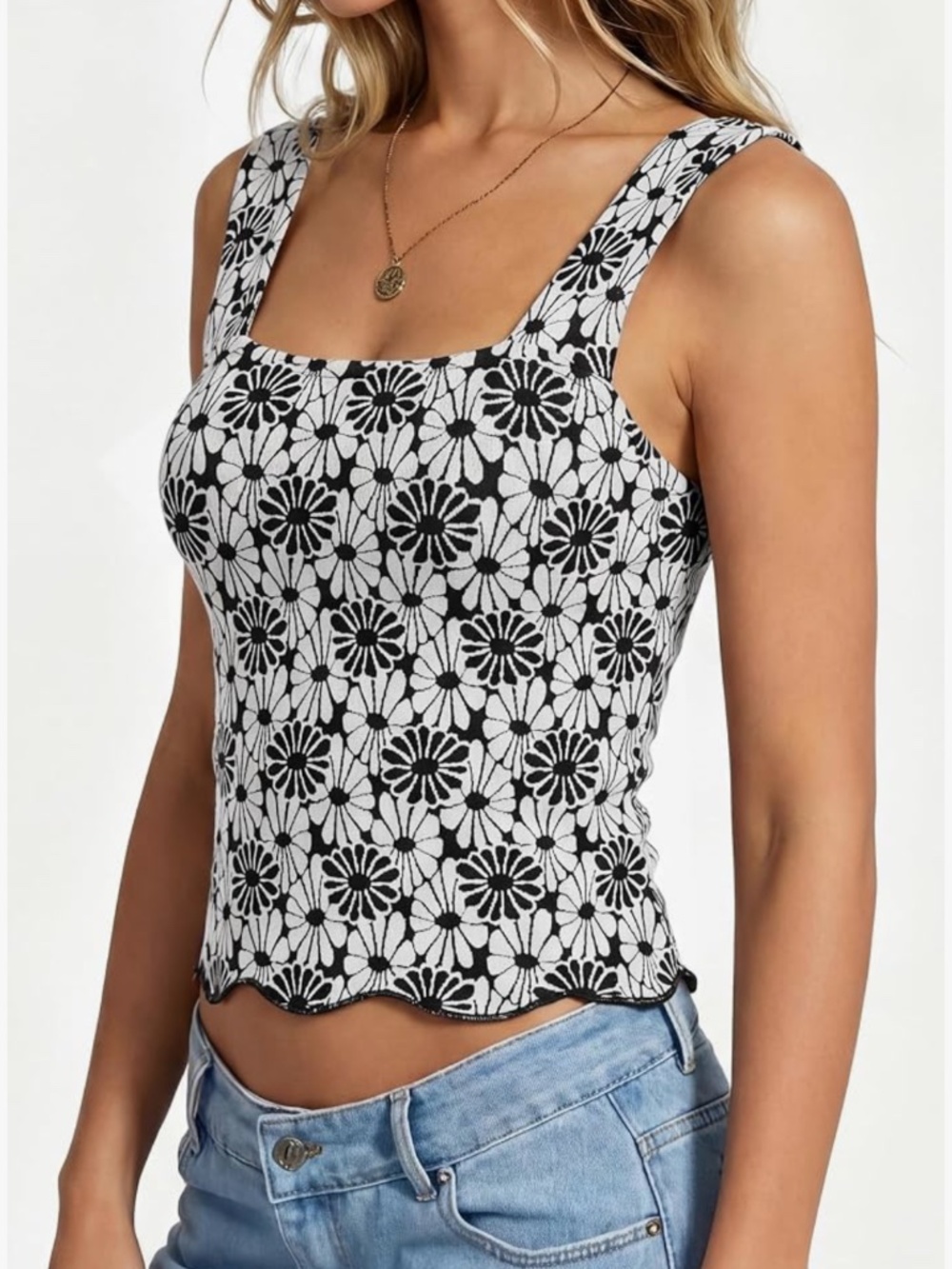 The Emma Top: Black & White Floral Square-Neck cropped Tank Top